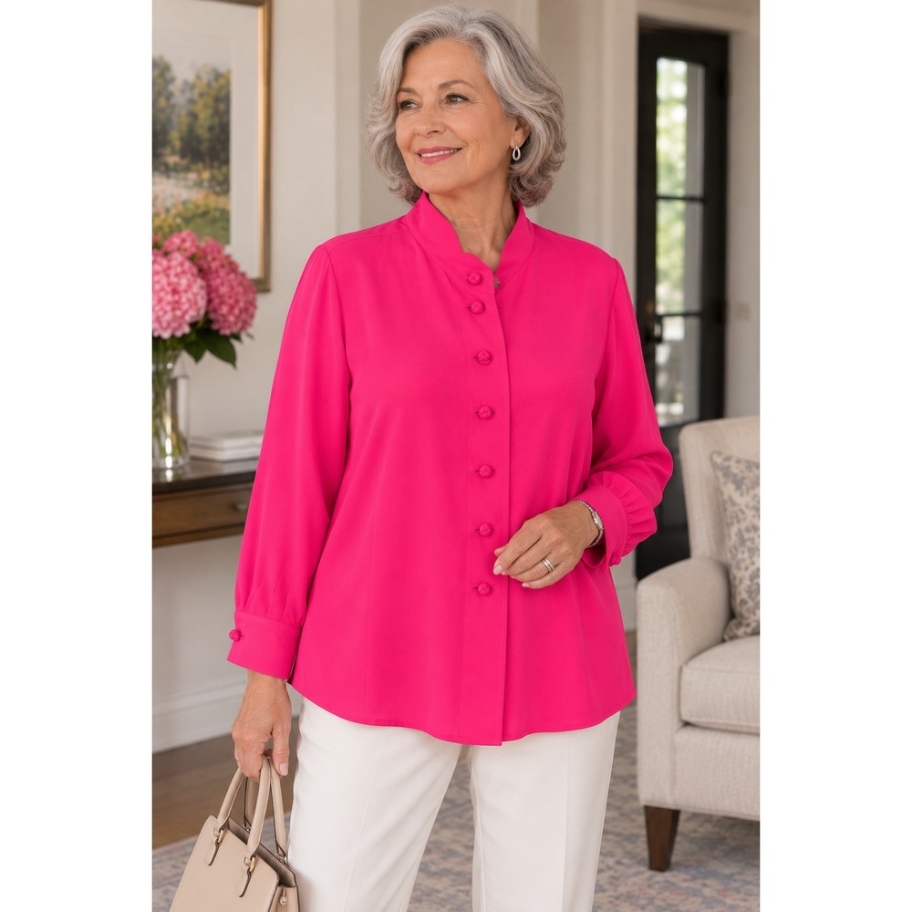 Dana Buchman Women Silk Blouse Fuchsia Pink Mandarin Collar Knot Button Size 4